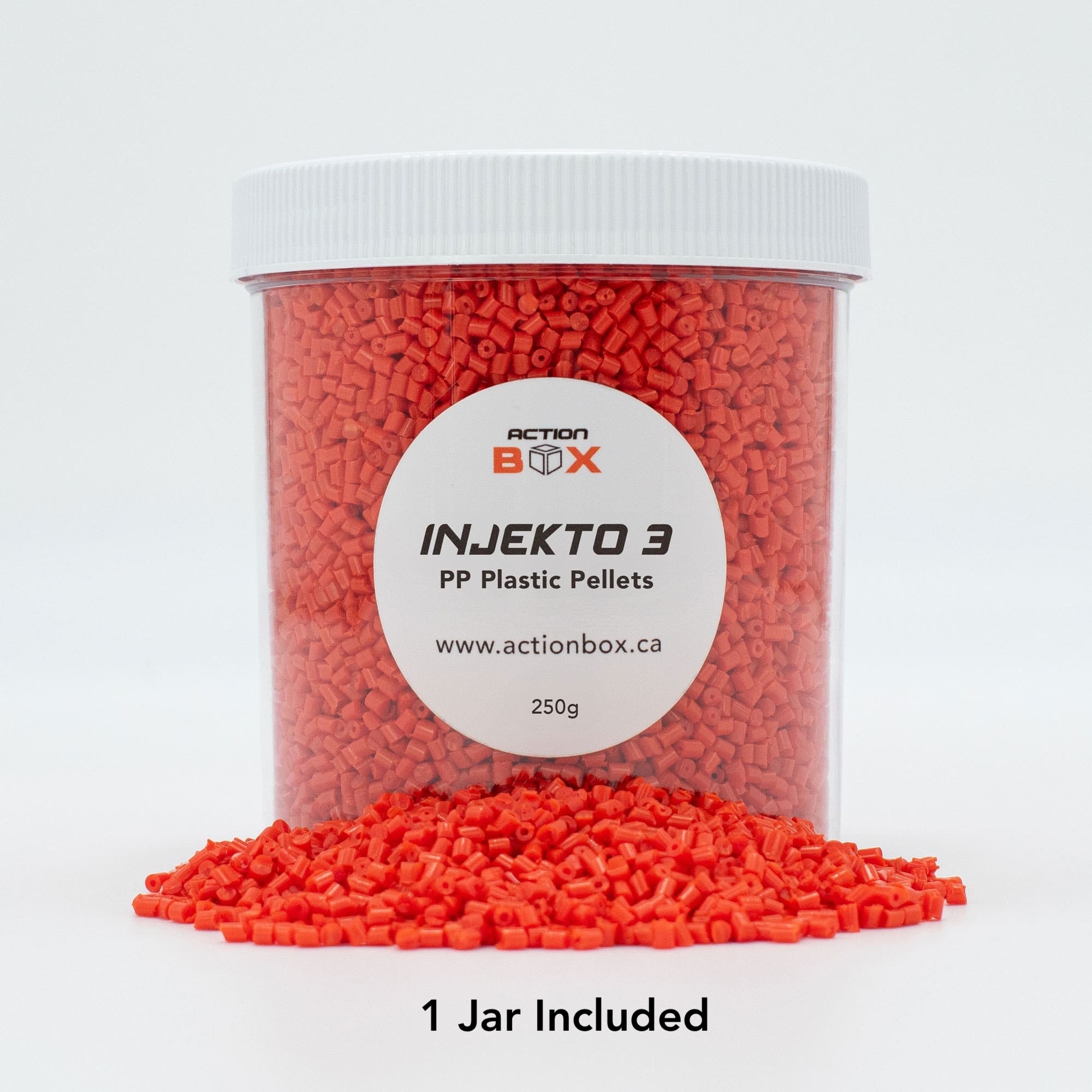 Jar of easy flow PP plastic pellets for use with injection molders for injection molding. Compatible with INJEKTO 3 by Action BOX.