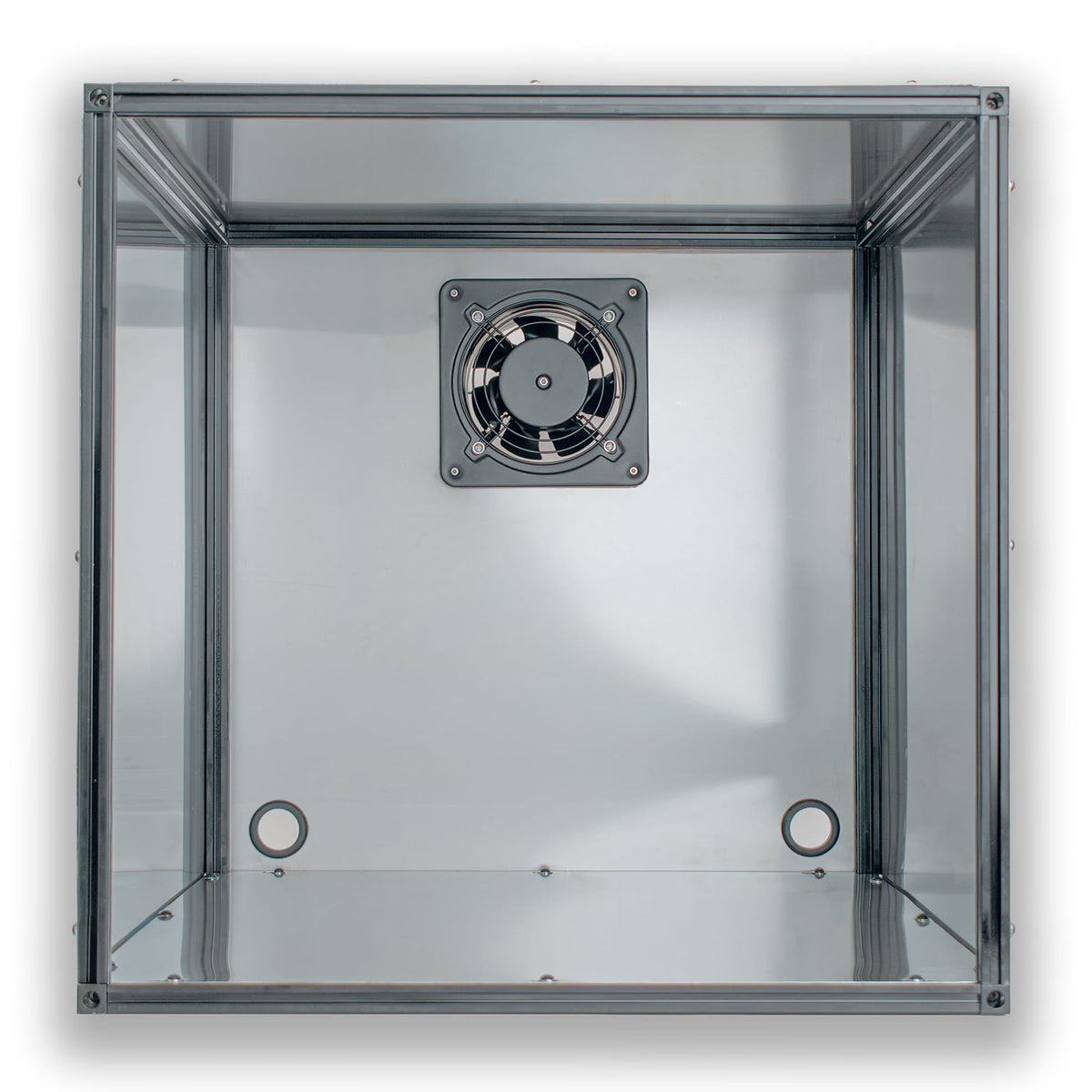 Front view of stainless steel ventilation box interior with exhaust fan