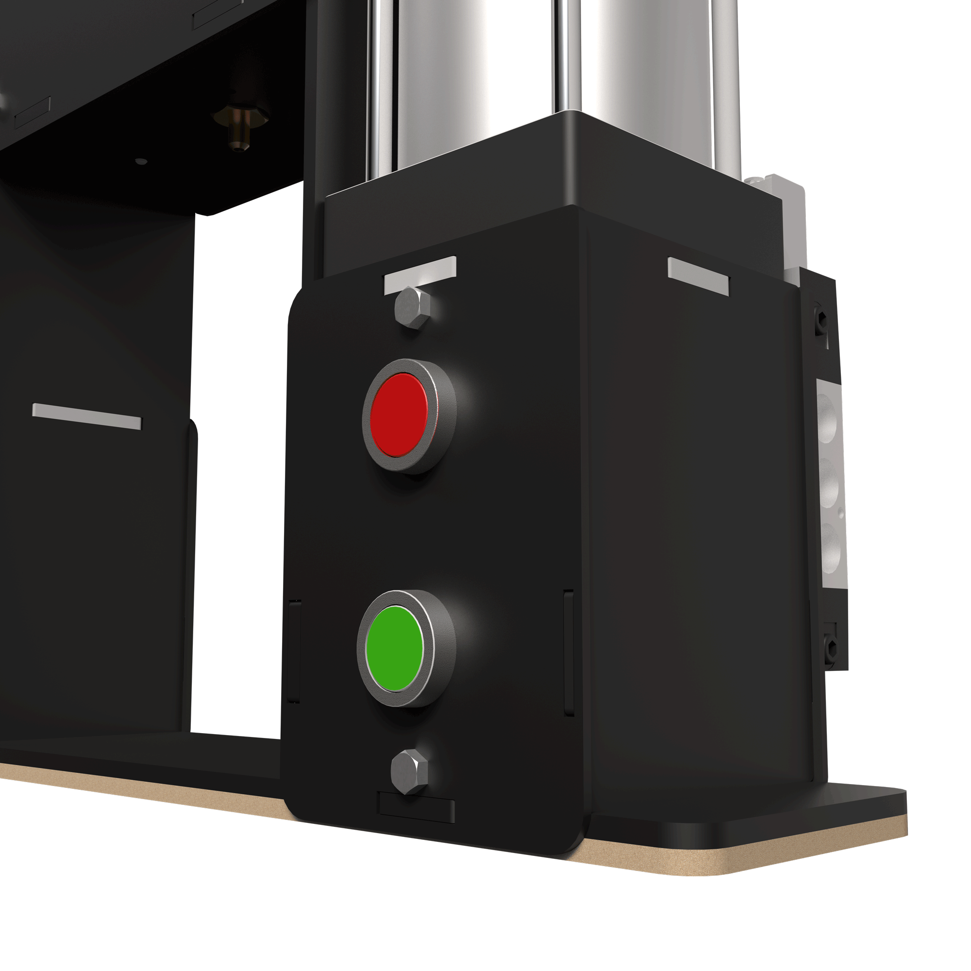 Bottom button view of the INJEKTO 3 small injection molding machine and mini injection molder for plastic. Created by Action BOX.