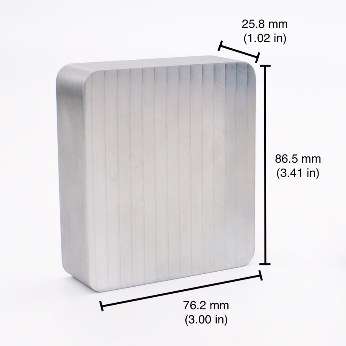 6061-T6 aluminum mold blank with dimensions labeled: 86.5 x 76.2 x 25.8 mm (3.41 x 3.00 x 1.02 in).