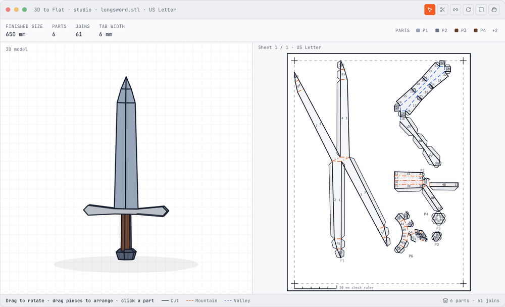 3D to Flat software for turning 3D models into PDF sheets to print and build out of paper. STL sword into piece of paper.
