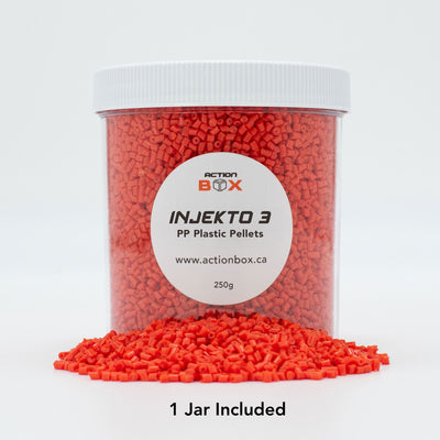 Jar of easy flow PP plastic pellets for use with injection molders for injection molding. Compatible with INJEKTO 3 by Action BOX.