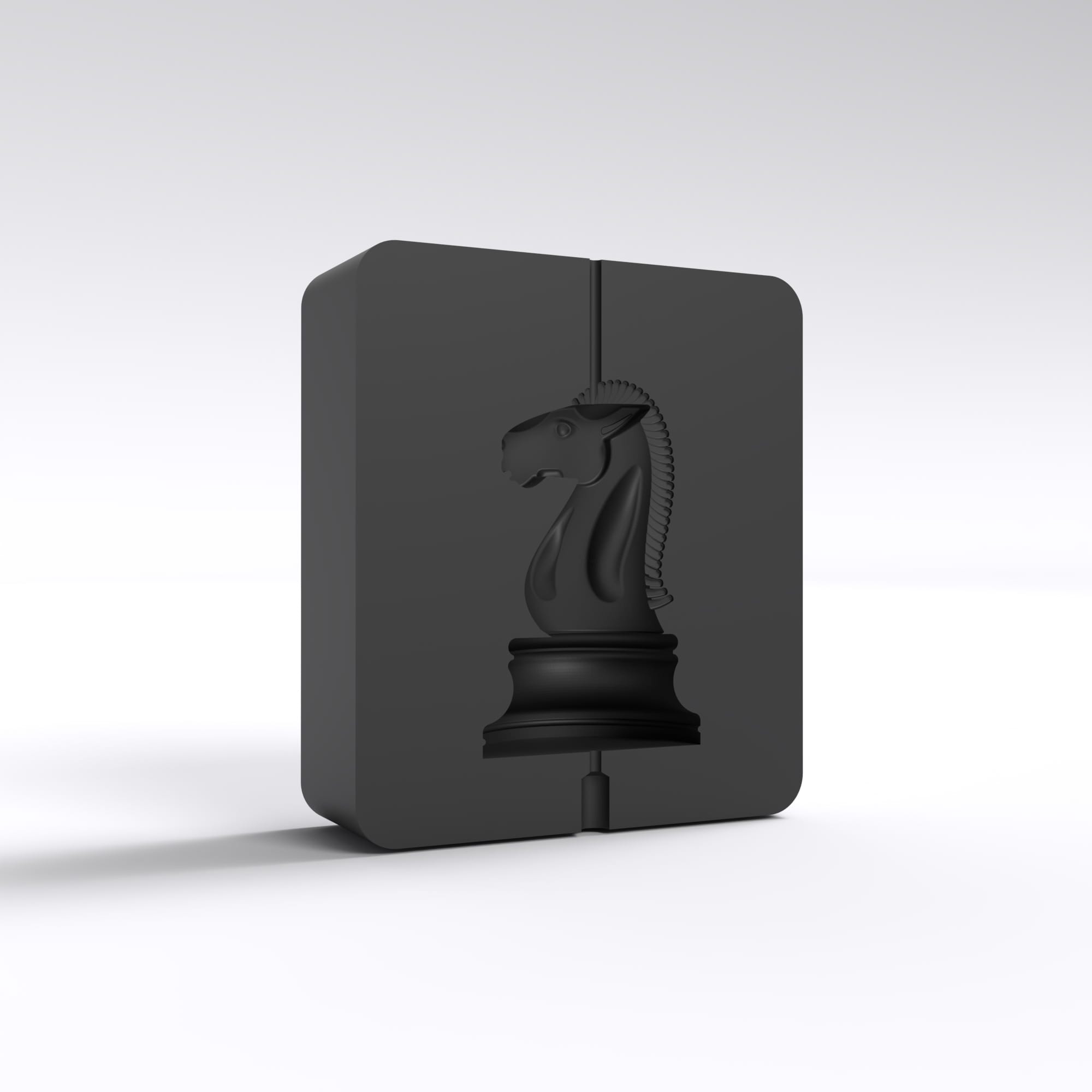FDM 3D printed injection mold of a knight chess piece. This can be printed on any 3D printer and used with injection molding like INJEKTO 3 to create knight chess pieces.