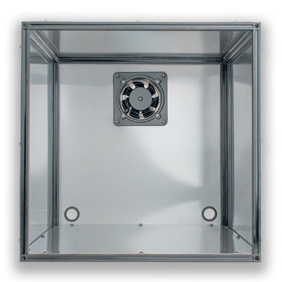 Front view of stainless steel ventilation box interior with exhaust fan