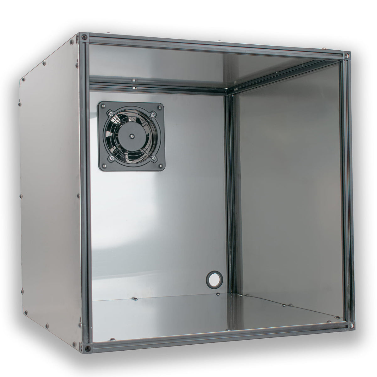 Stainless steel fume extraction enclosure with exhaust fan and cable pass-throughs