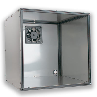Stainless steel fume extraction enclosure with exhaust fan and cable pass-throughs