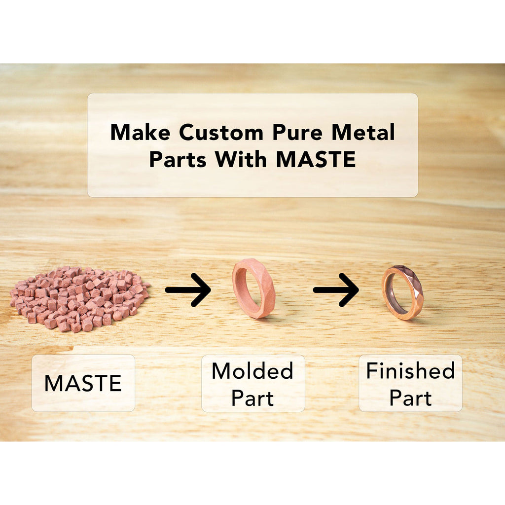 MASTE for INJEKTO M used to create metal parts through metal injection molding. This picture shows the transformation of maste pellets to a molded ring to a finished shiny pure metal ring made of maste and copper.