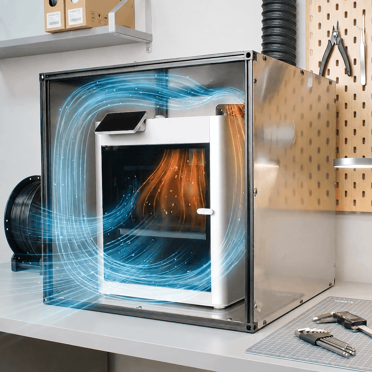 3D printer enclosure with airflow ventilating fumes out of workshop