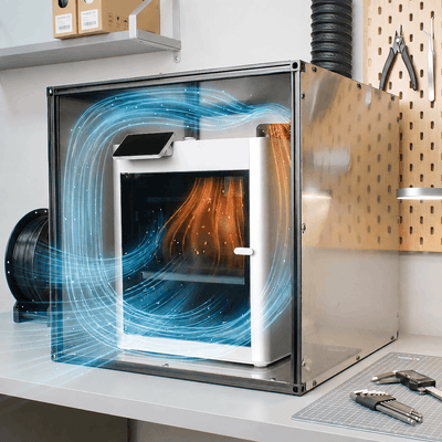 3D printer enclosure with airflow ventilating fumes out of workshop