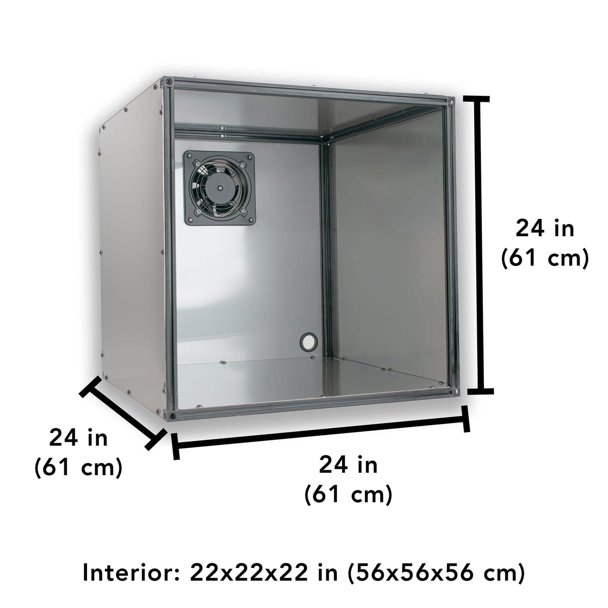 Dimensions of Action BOX stainless steel ventilation fume extractor for 3D printers, soldering and welding.