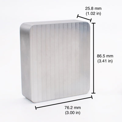 6061-T6 aluminum mold blank with dimensions labeled: 86.5 x 76.2 x 25.8 mm (3.41 x 3.00 x 1.02 in).