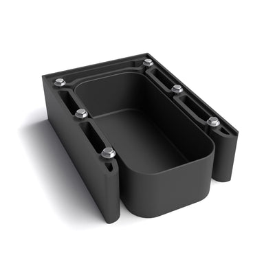 SHREDII 8 collection tray installed under shredder for catching plastic shreds and debris. SHREDII 8 is a small desktop industrial shredder by Action BOX.